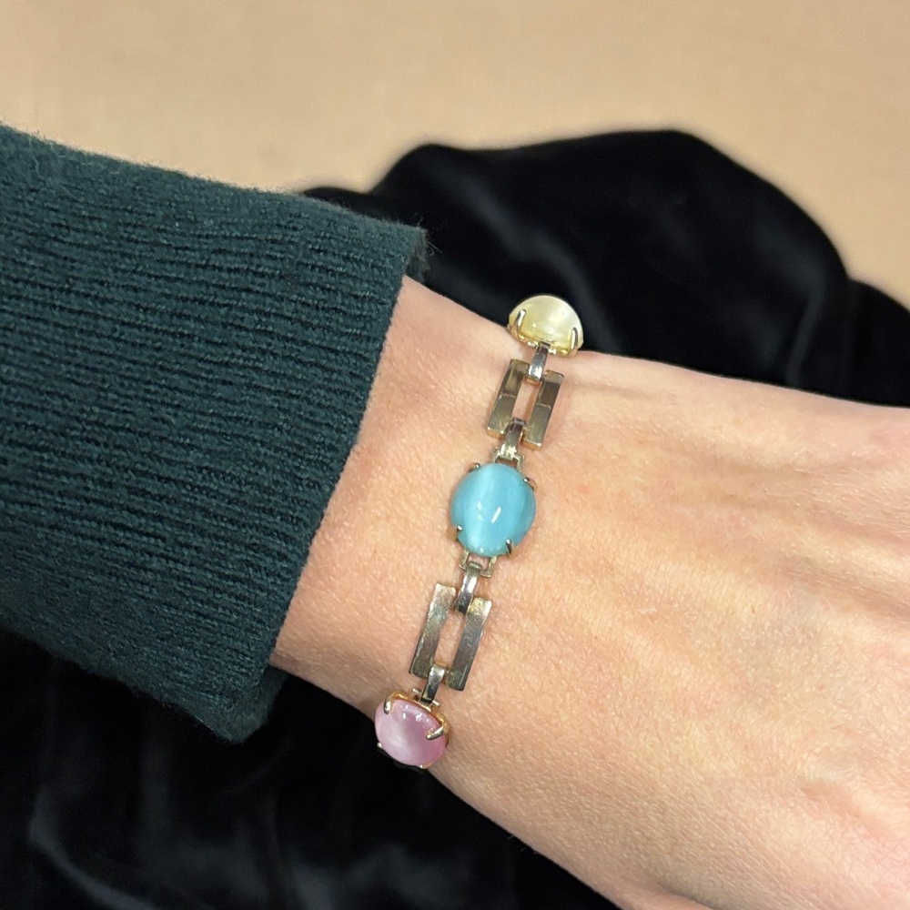 Pastel multi stone gold bracelet with security chain clasp 7" long - Picture 3 of 10